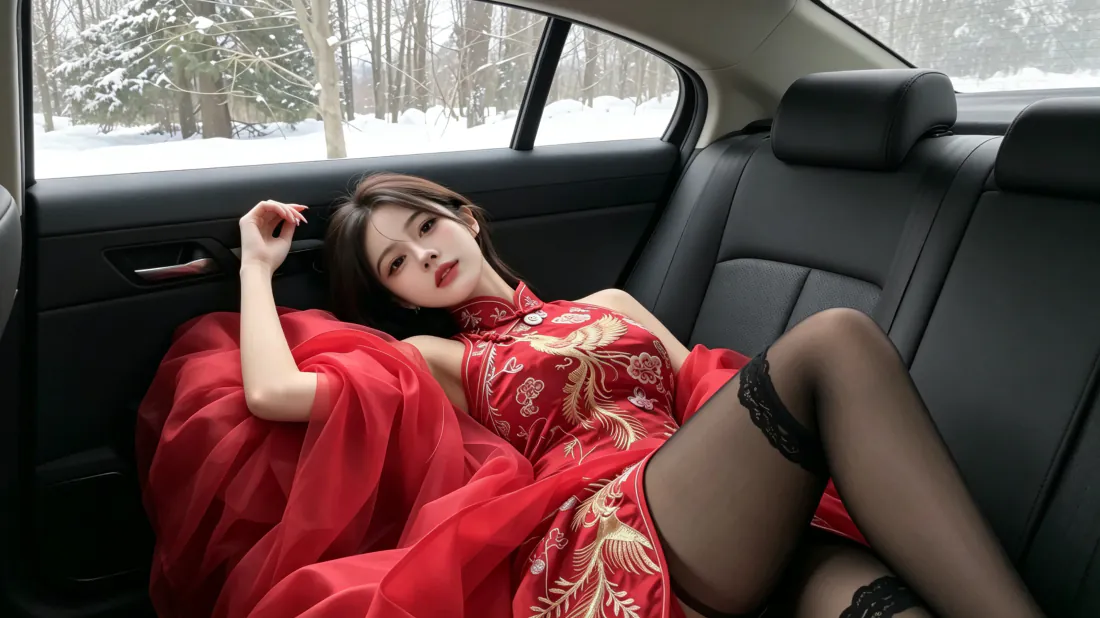 3k红衣旗袍美女壁纸｜轿车后座雪景背景图片 - 性感写真「哲风壁纸」