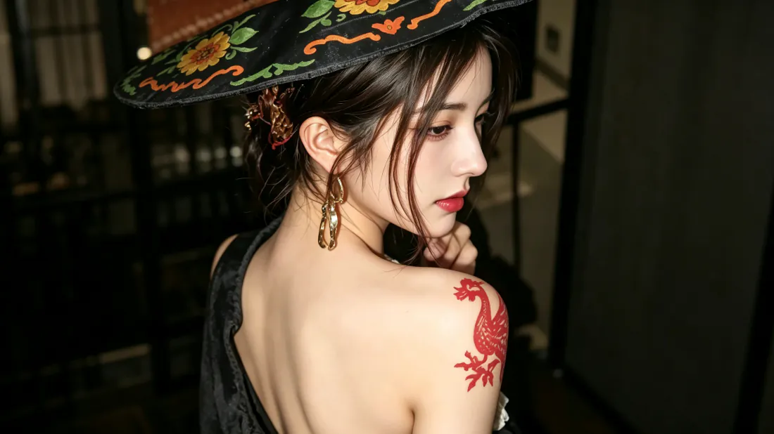 3k露背黑衣美女壁纸｜刺绣斗笠凤凰纹身背景图片 - 暗调复古「哲风壁纸」