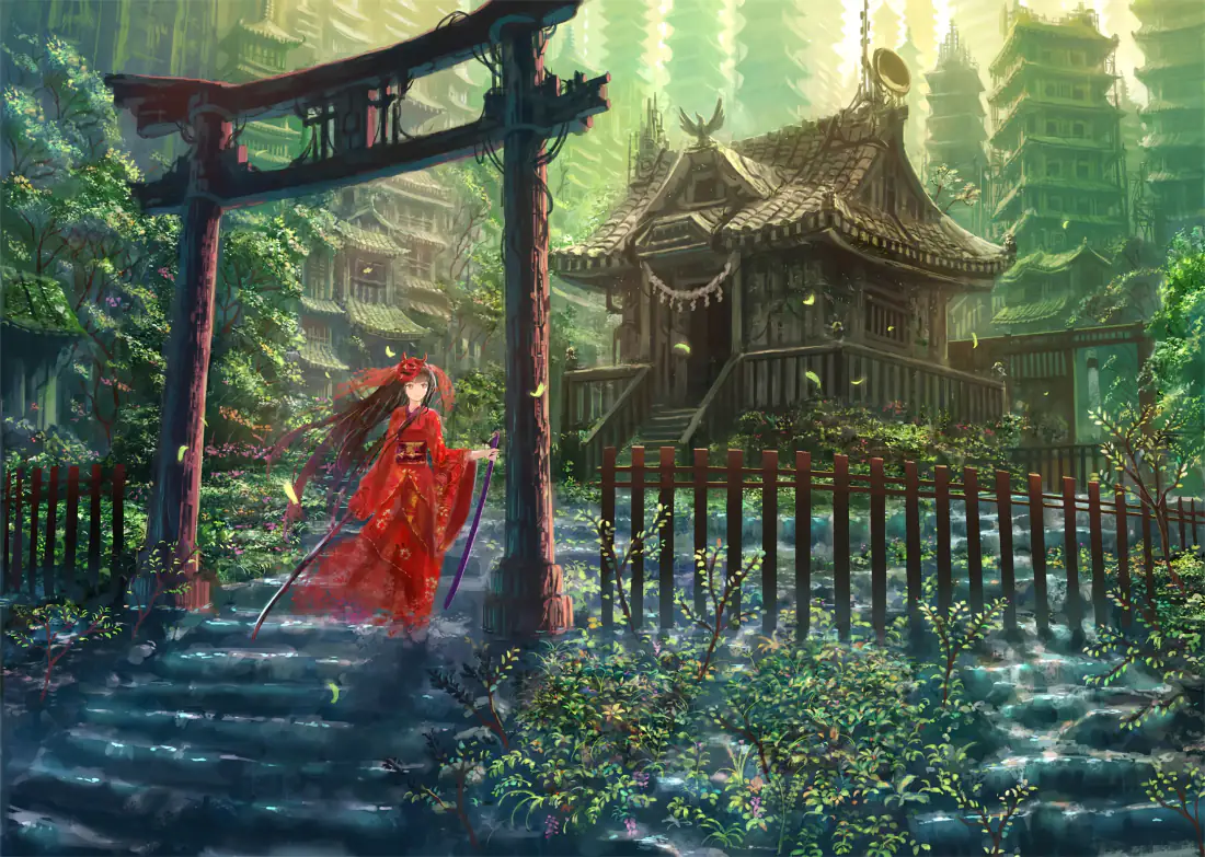 3k壁纸｜红衣少女神社背景图片 - 梦幻森林光影「哲风壁纸」