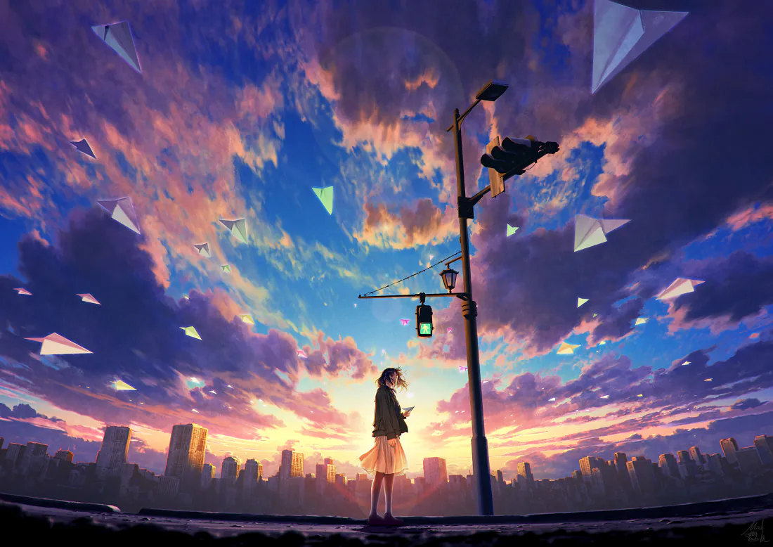 3k黄昏晚霞壁纸｜城市街头少女背景图片 - 梦幻治愈「哲风壁纸」