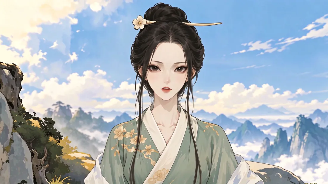 3k白骨精叫我舔狗壁纸｜绿衣汉服女子云海背景图片 - 清新国风「哲风壁纸」