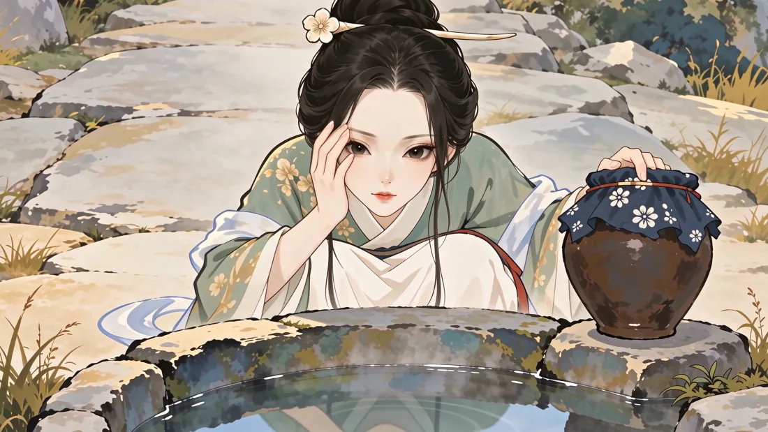 3k白骨精叫我舔狗壁纸｜井边汉服少女背景图片 - 古风插画「哲风壁纸」