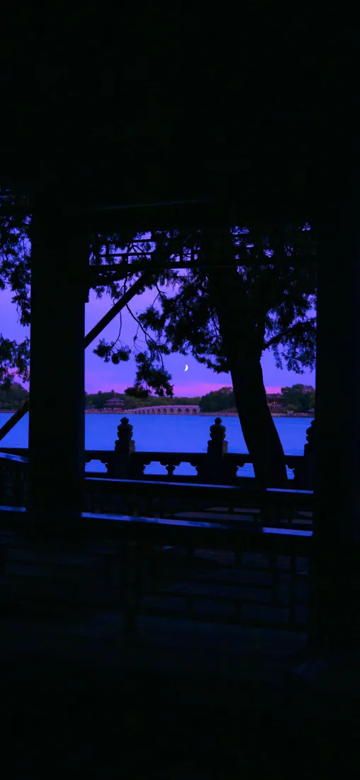湖畔暮色手机壁纸｜紫蓝夜空湖岸剪影背景图片 - 静谧夜景「哲风壁纸」