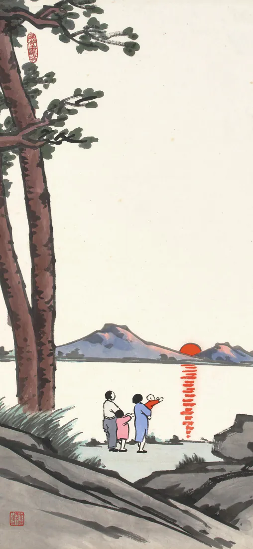 水墨画手机壁纸｜湖畔观日山水背景图片 - 东方国风意境「哲风壁纸」