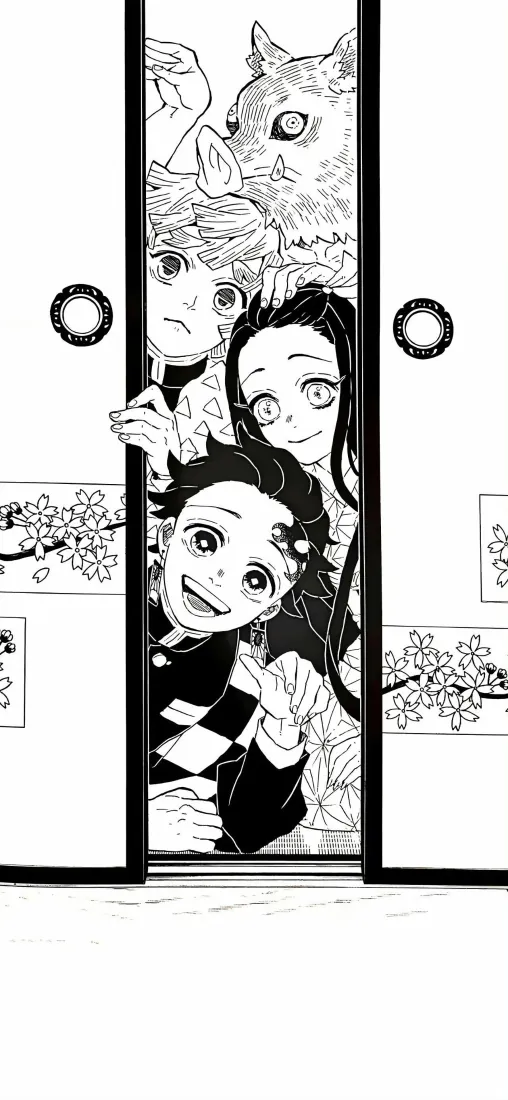 鬼灭之刃手机壁纸｜门缝探出头的主角团背景图片｜黑白漫画风「哲风壁纸」