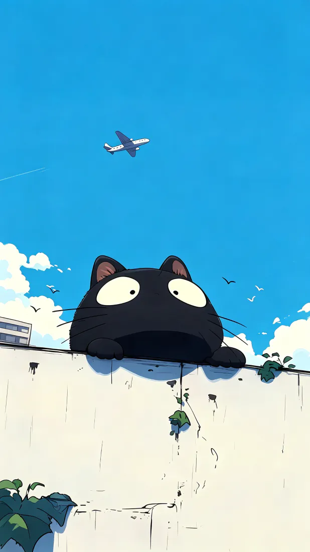 黑猫手机壁纸｜墙头黑猫蓝天背景图片 - 清新治愈夏日「哲风壁纸」