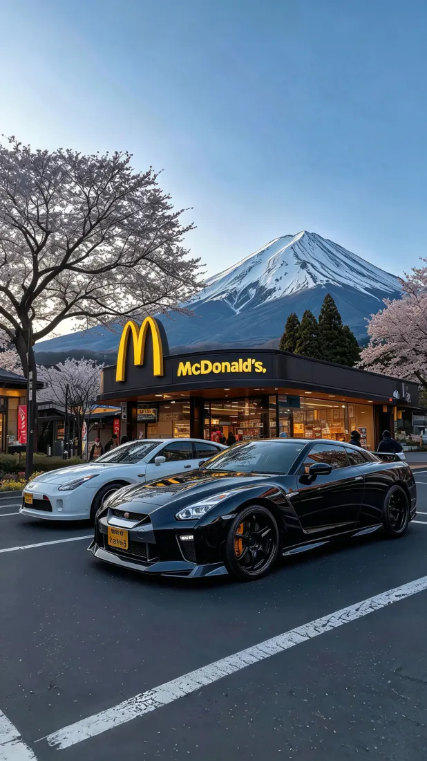日产GTR手机壁纸|富士山下樱花麦当劳背景图片 - 日系街景「哲风壁纸」 日产GTR手机壁纸|富士山下樱花麦当劳背景图片 - 日系街景「哲风壁纸」