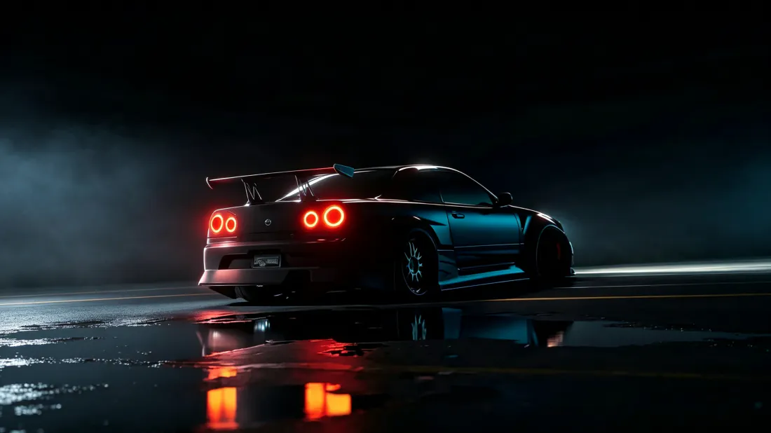 3k日产GTR R34壁纸｜暗夜湿地面跑车背景图片 - 酷炫氛围感「哲风壁纸」