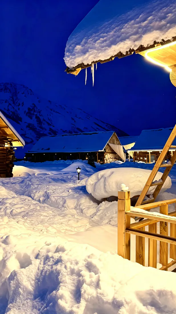雪夜木屋手机壁纸｜积雪木屋村落背景图片 - 静谧冬夜「哲风壁纸」