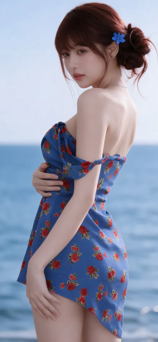 海边美女手机壁纸｜蓝底红花露背短裙背景图片 - 清新夏日「哲风壁纸」