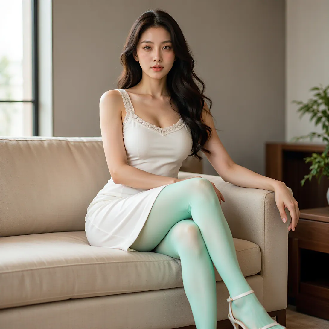 居家美女手机壁纸|白裙绿袜沙发写真背景图片 - 清新居家氛围「哲风壁纸」 居家美女手机壁纸|白裙绿袜沙发写真背景图片 - 清新居家氛围「哲风壁纸」