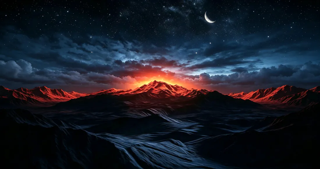 3k星空山脉壁纸｜新月下赤红山峦背景图片 - 壮阔夜景「哲风壁纸」