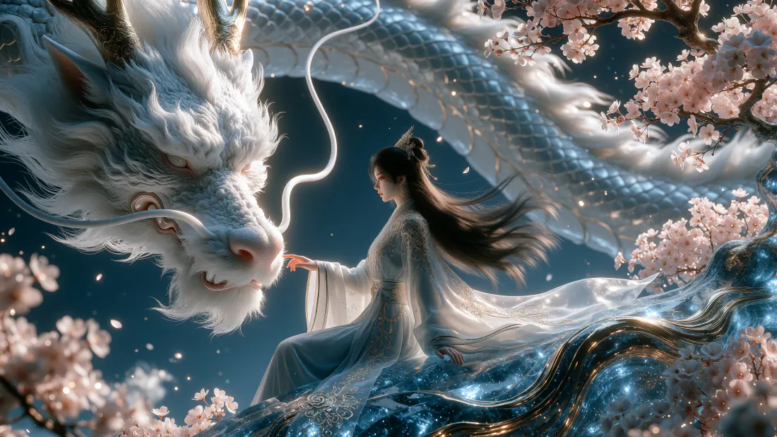 3k古风仙侠壁纸｜白衣仙女与白龙背景图片 - 梦幻仙境「哲风壁纸」