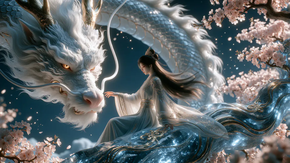 3k古风仙侠壁纸｜白衣仙女与青龙背景图片 - 中式仙境「哲风壁纸」