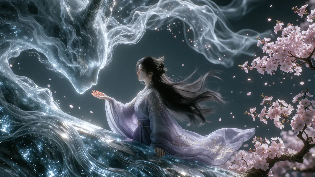3k中式仙境壁纸｜紫衣仙女神龙樱花背景图片 - 梦幻仙侠「哲风壁纸」