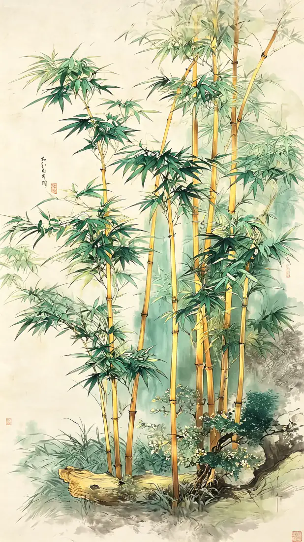 手机手机壁纸｜水墨竹林山石背景图片 - 清雅国风「哲风壁纸」