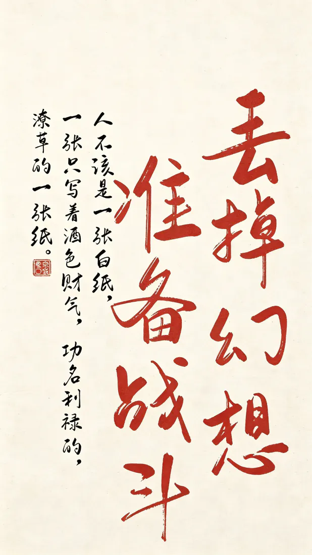 丢掉幻想准备战斗手机壁纸｜红色书法文字背景图片 - 国风励志「哲风壁纸」