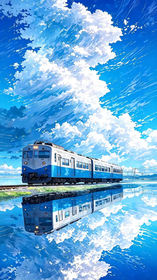 手机手机壁纸｜夏日海边列车蓝天白云背景图片 - 清新治愈「哲风壁纸」