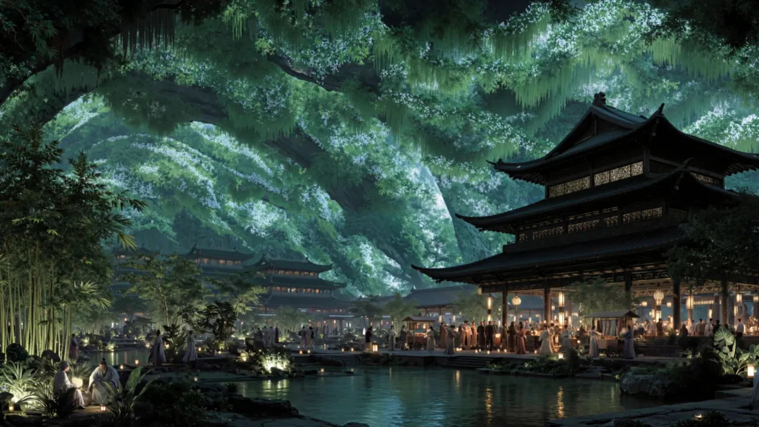 3k古风壁纸｜古建楼阁湖景夜景背景图片 - 梦幻国风「哲风壁纸」