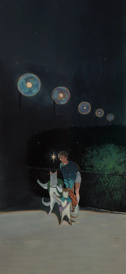 日系童话手机壁纸｜夜晚星空下少年与猫背景图片 - 梦幻治愈「哲风壁纸」
