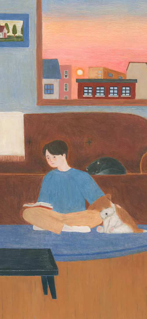 卡通插画手机壁纸|居家阅读男子与橘猫背景图片 - 治愈温馨「哲风壁纸」 卡通插画手机壁纸|居家阅读男子与橘猫背景图片 - 治愈温馨「哲风壁纸」