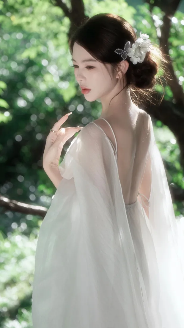 白衣美女手机壁纸｜林间露背纱裙少女背景图片 - 清新森系「哲风壁纸」