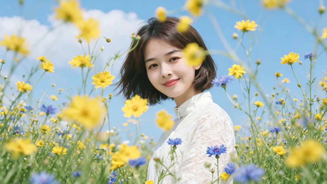 3k白衣少女壁纸｜黄色花海蓝天背景图片 - 清新治愈「哲风壁纸」