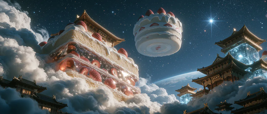 3k甜点壁纸｜云端悬浮蛋糕楼阁背景图片 - 梦幻奇幻「哲风壁纸」