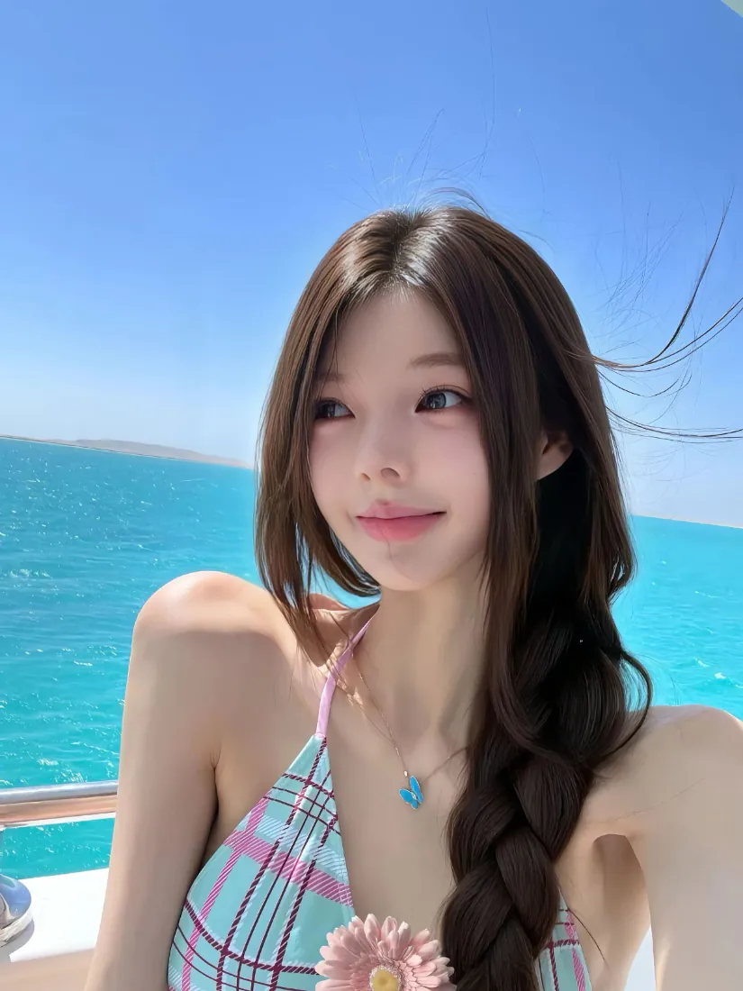 海边少女手机壁纸｜游艇上的格纹泳装少女背景图片 - 清新夏日「哲风壁纸」