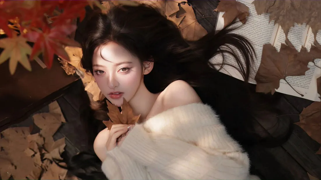 2k美女壁纸｜秋日枫叶白衣少女背景图片 - 暖调写真「哲风壁纸」
