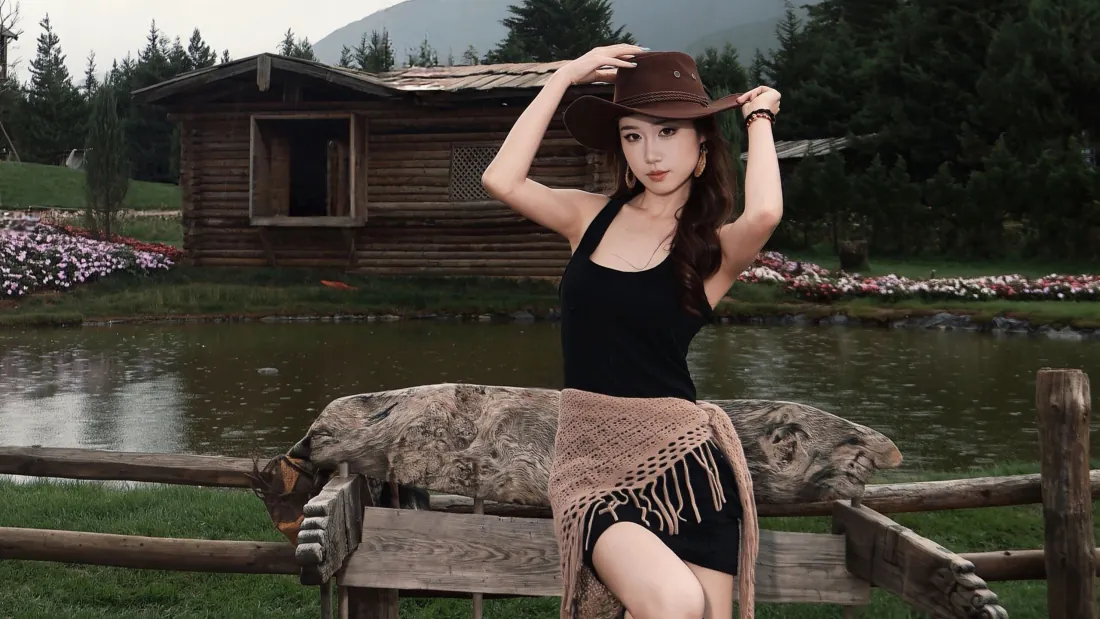 3k美女壁纸｜湖畔木屋前的穿搭写真背景图片 - 复古田园风「哲风壁纸」