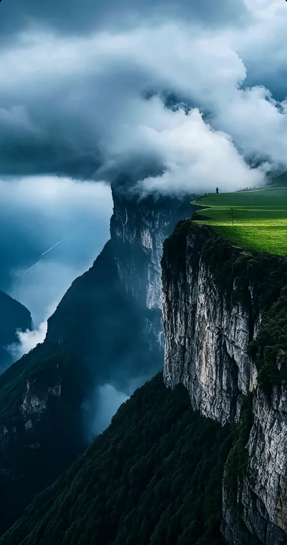 手机手机壁纸｜云雾悬崖草甸山峰背景图片 - 壮阔自然风光「哲风壁纸」