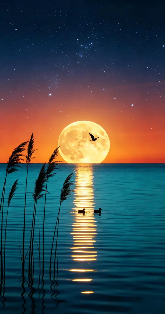 满月海景手机壁纸｜海上圆月芦苇剪影背景图片 - 梦幻黄昏「哲风壁纸」