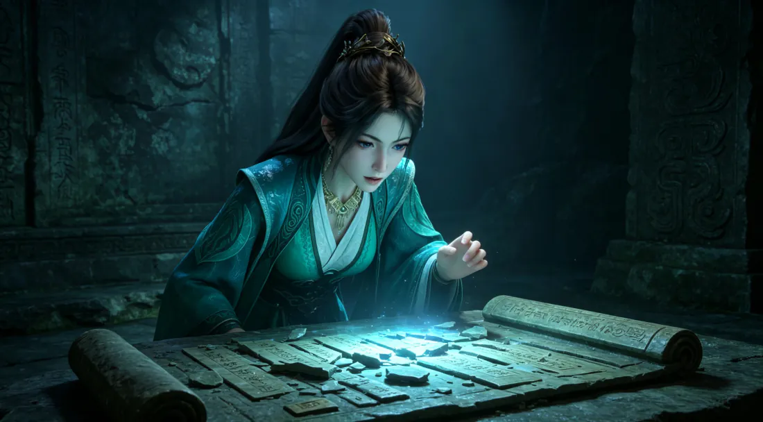 3k慕沛灵壁纸｜幽暗石室研读发光古籍背景图片 - 神秘仙侠氛围「哲风壁纸」