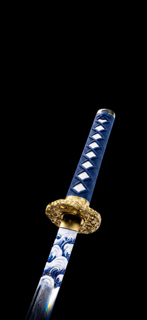武士刀手机壁纸｜黑底蓝金武士刀背景图片 - 暗黑酷炫「哲风壁纸」