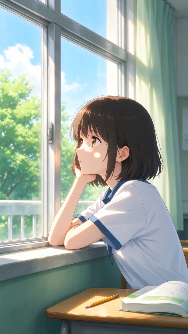 少女手机壁纸｜教室窗边校服少女背景图片 - 清新治愈「哲风壁纸」