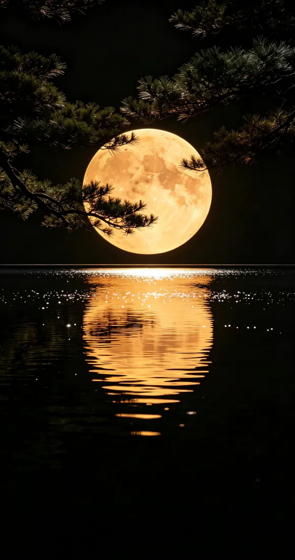 手机手机壁纸｜满月湖面倒影背景图片 - 静谧夜景「哲风壁纸」