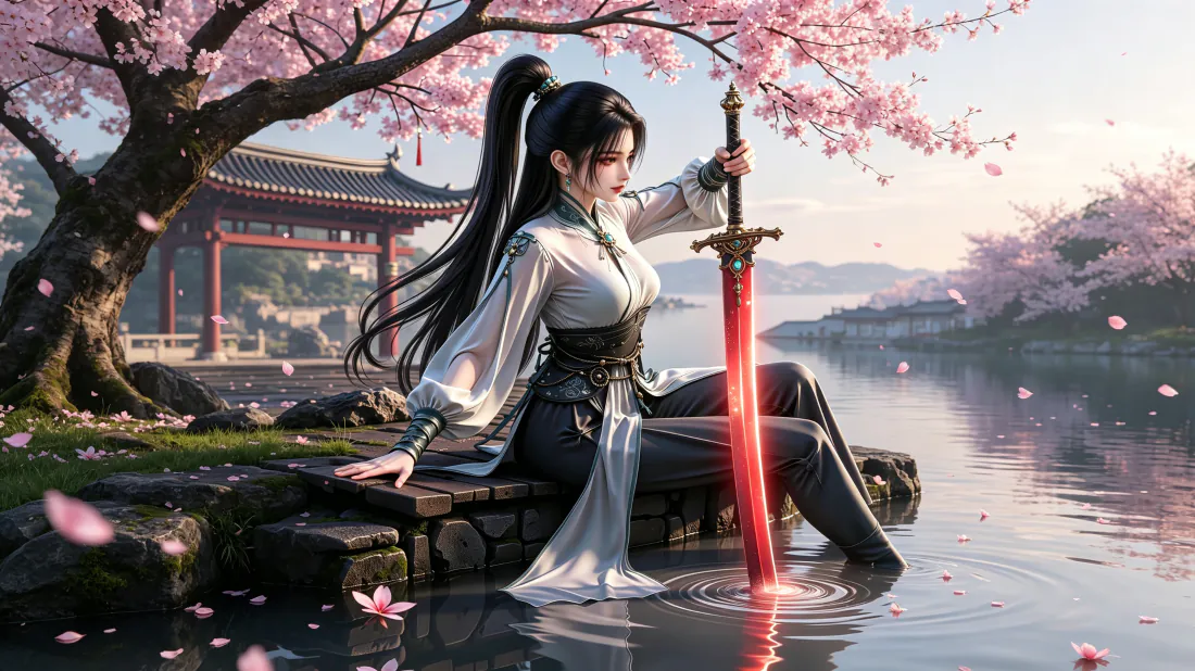 3k古风侠女壁纸｜湖畔桃花持剑少女背景图片 - 唯美国风意境「哲风壁纸」