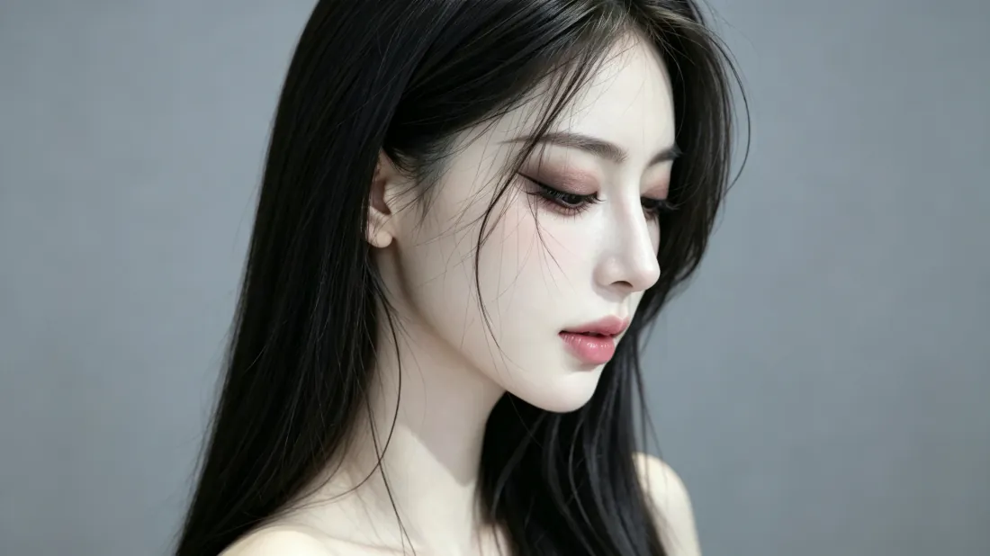 3k黑长发美女壁纸｜灰调侧脸人像背景图片 - 清冷氛围感「哲风壁纸」