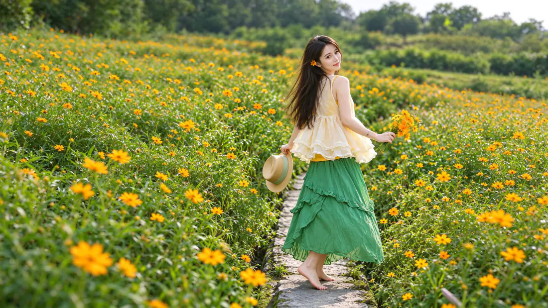 3k花丛少女壁纸｜黄花田小径背景图片 - 清新治愈「哲风壁纸」