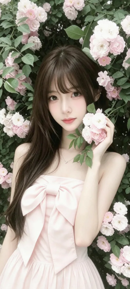 粉裙美女手机壁纸｜蔷薇花丛少女背景图片 - 清新浪漫「哲风壁纸」