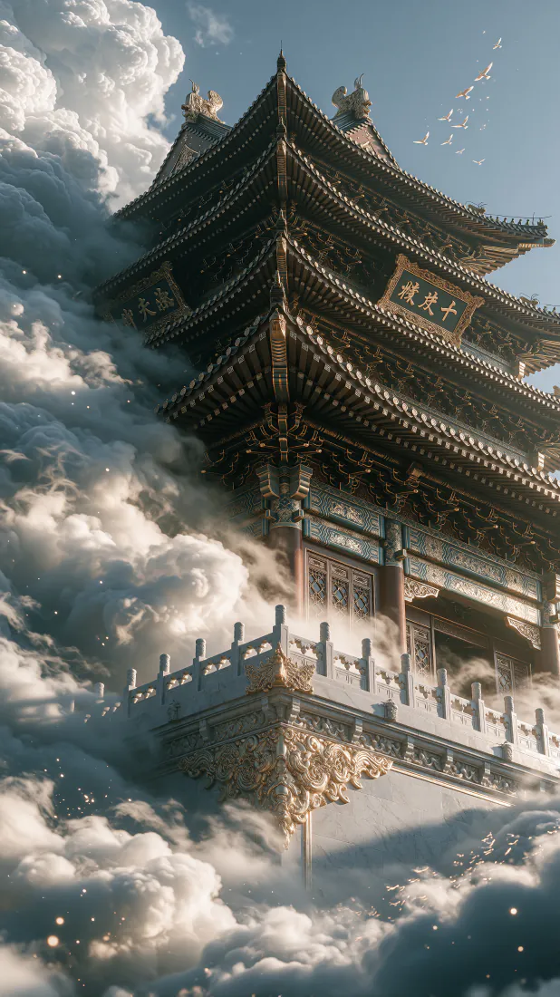 中式天宫手机壁纸｜云海飞檐古建楼阁背景图片 - 壮阔仙侠意境「哲风壁纸」