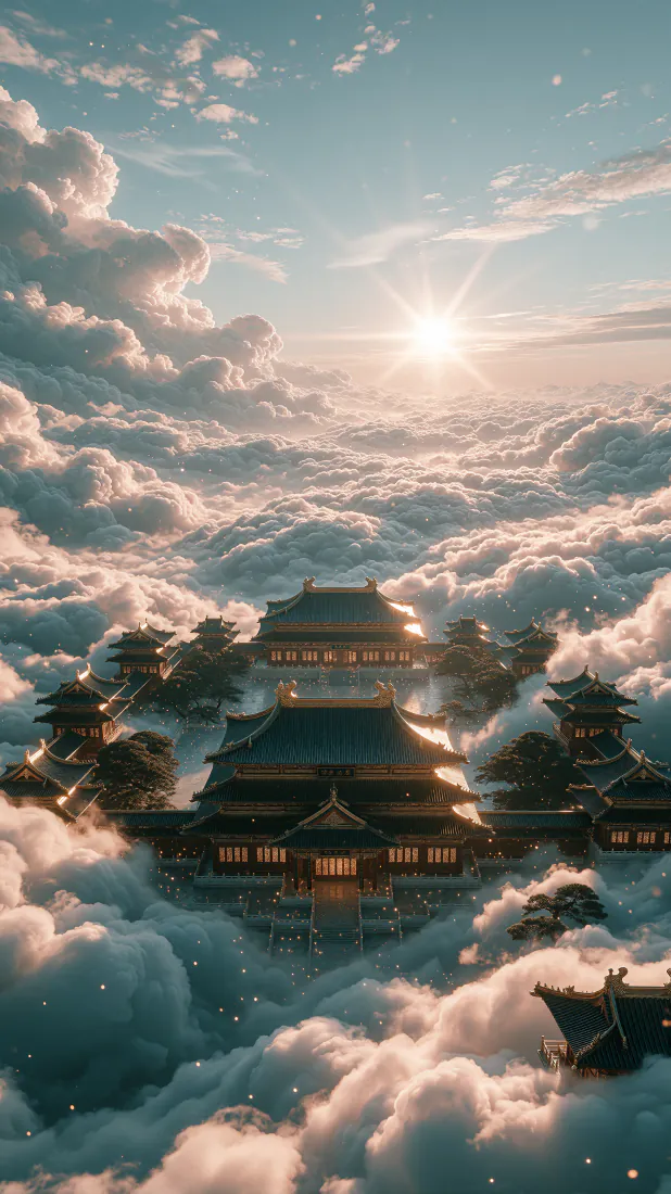 中式天宫手机壁纸｜云海仙宫日出背景图片 - 仙气壮阔「哲风壁纸」