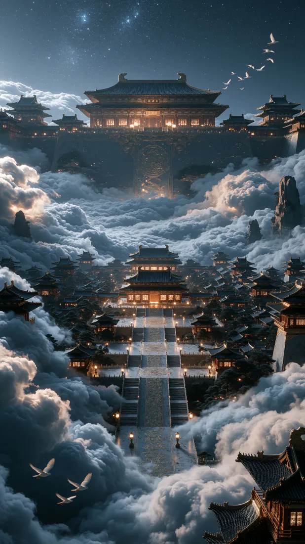 中式天宫手机壁纸｜云海仙宫楼阁背景图片 - 恢弘仙侠夜景「哲风壁纸」