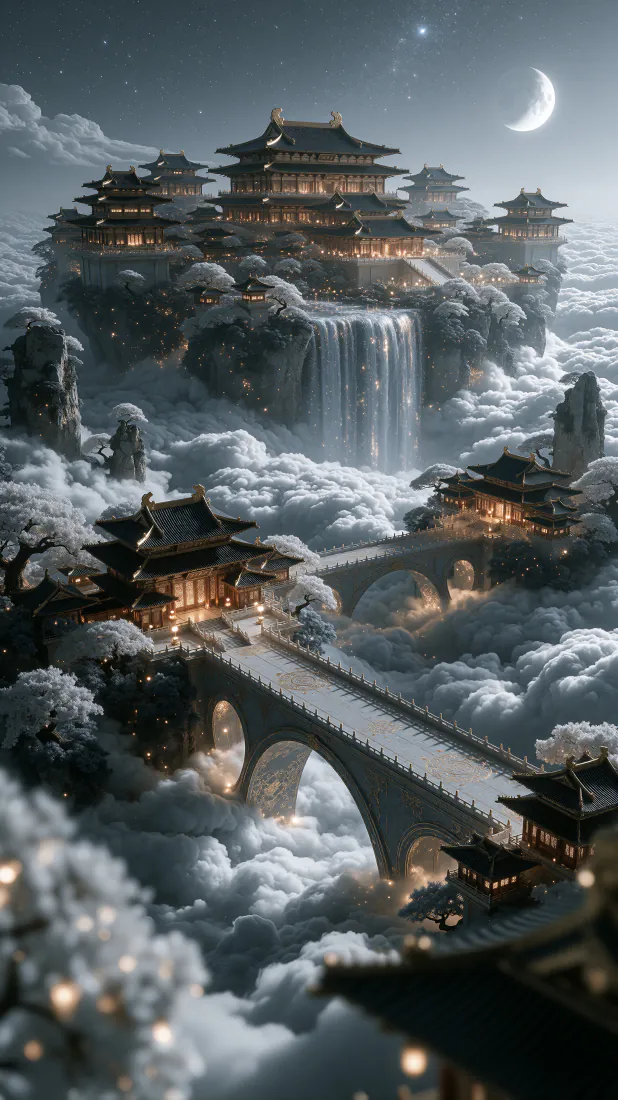 中式天宫手机壁纸｜云海仙宫楼阁夜景背景图片 - 仙侠壮阔「哲风壁纸」