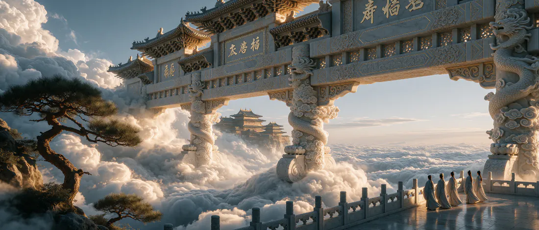 3k中式天宫壁纸｜云海仙门牌坊背景图片 - 壮阔仙侠意境「哲风壁纸」
