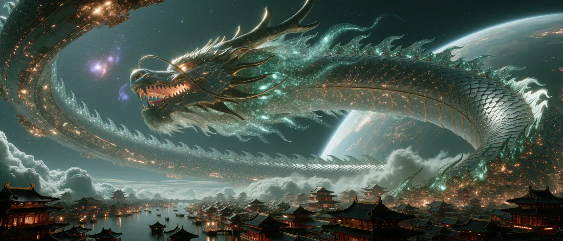 3k东方巨龙壁纸｜云端古建夜景背景图片 - 大气震撼「哲风壁纸」