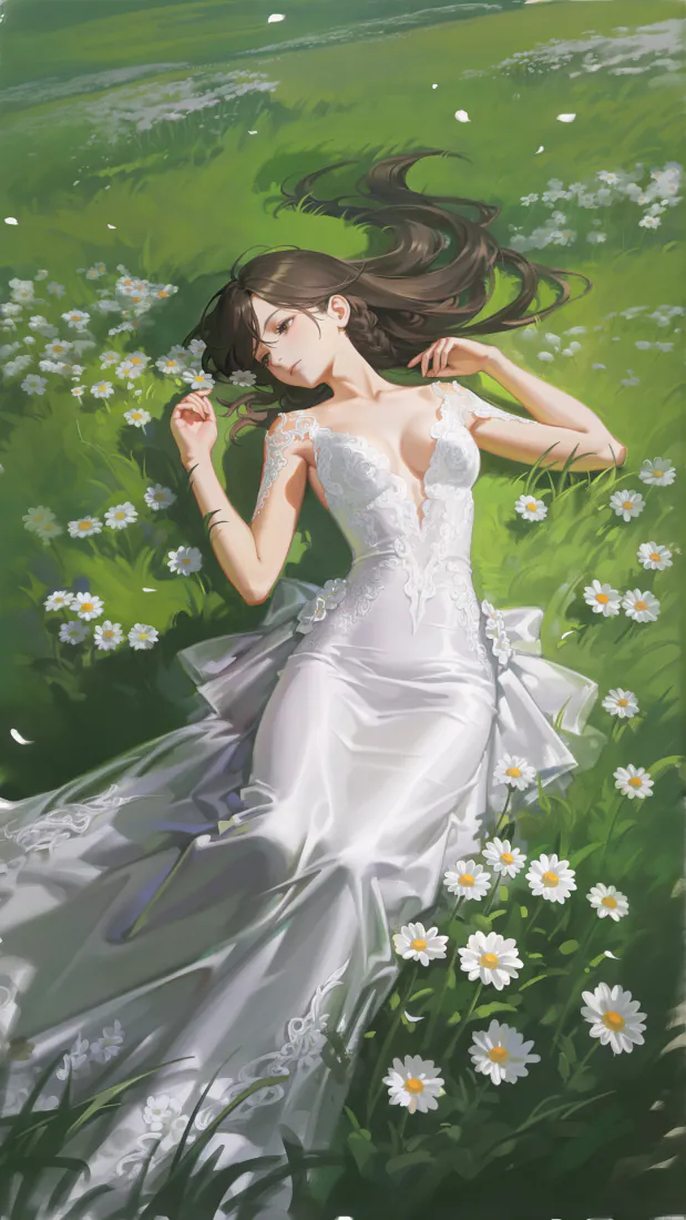4k长发壁纸 - 少女 - 草地 - 白裙「哲风壁纸」
