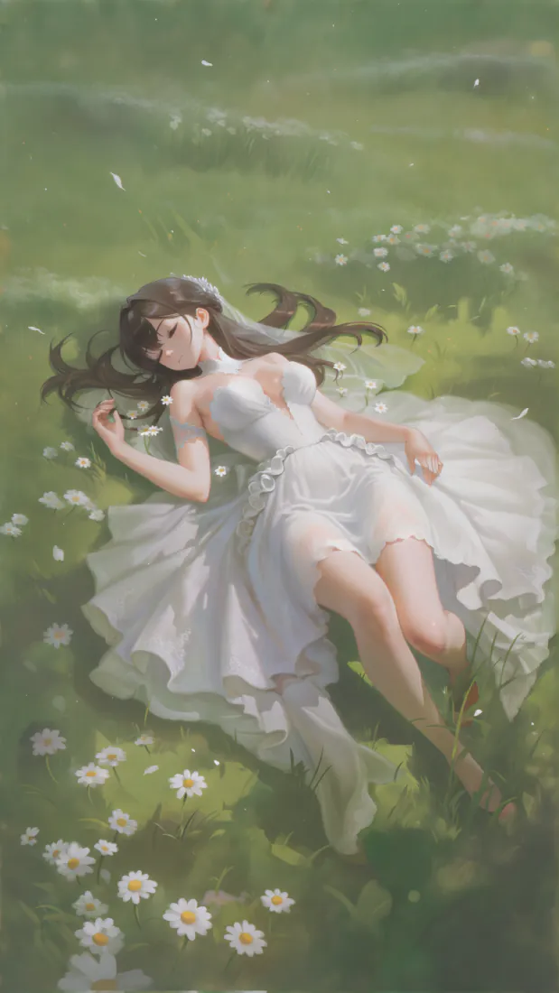 白裙少女手机壁纸｜青草地雏菊背景图片 - 清新治愈「哲风壁纸」