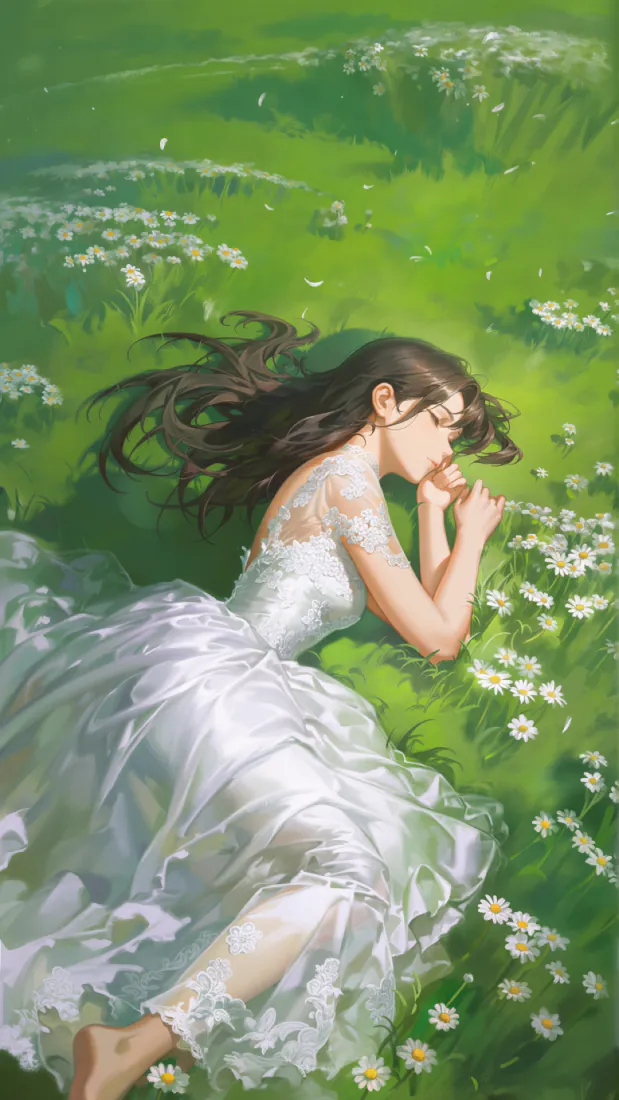 4k长发壁纸 - 赤脚 - 少女 - 草地「哲风壁纸」